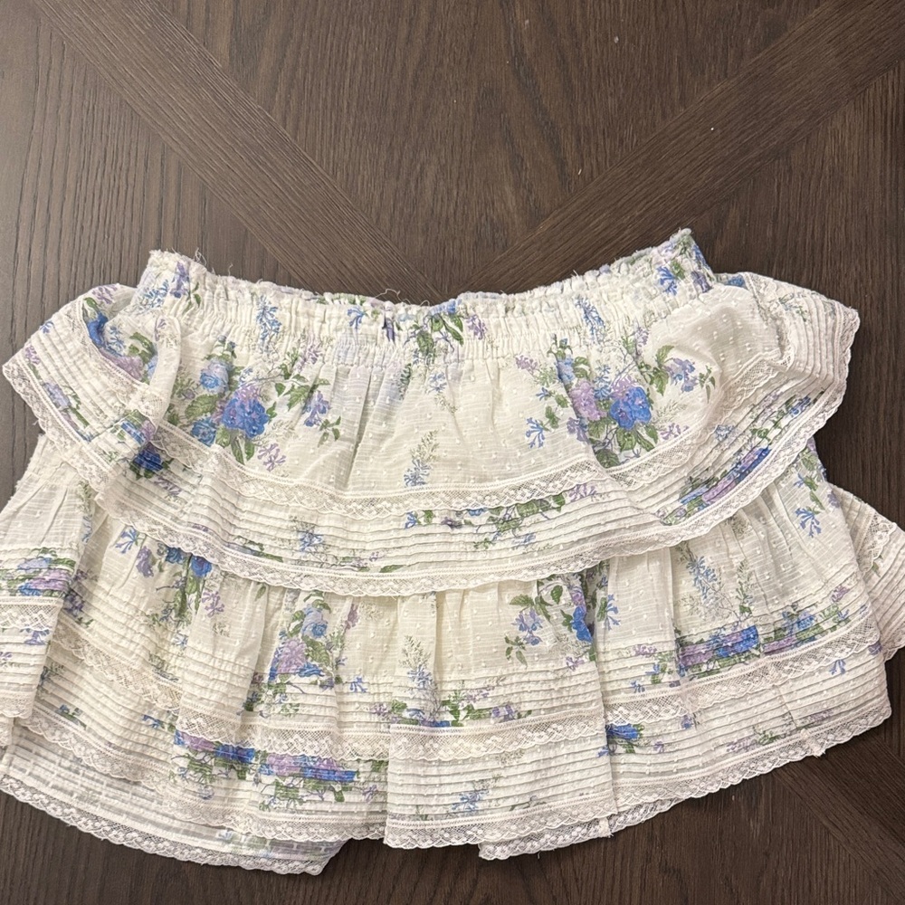 LoveShackFancy White and Blue Floral Mini Skirt